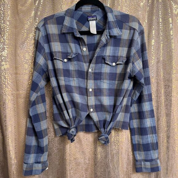 Patagonia Blue Upcycled Women's Tie Front Button Down Flannel Top Med - Picture 1 of 7